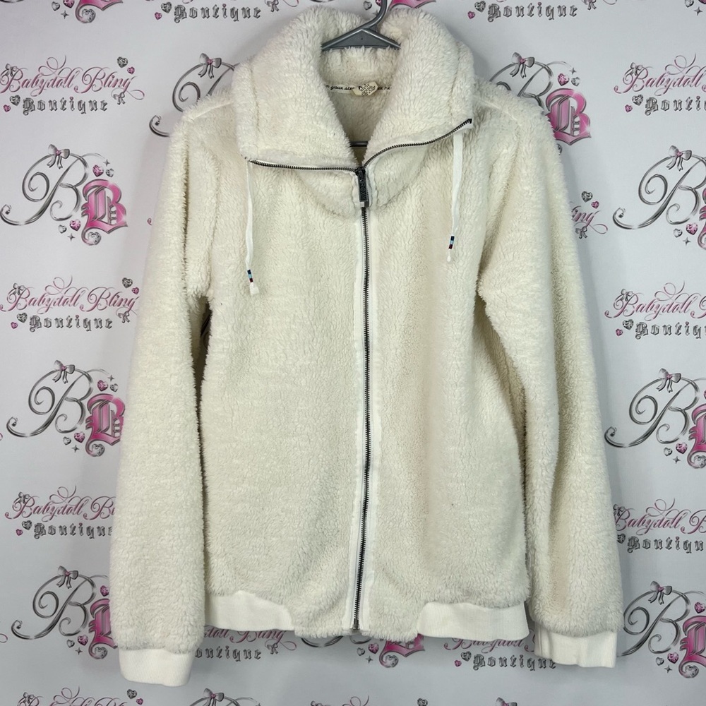 Roxy jacket furry fuzzy zip up coat Cream Teddy Jacket logo patch warm fuzz